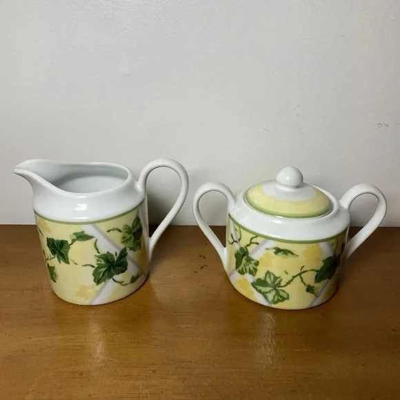 Waverly Gazebo Cream And Sugar Set Creamer Lemon Yellow Ivy Green Vintage 90’s - Picture 4 of 9